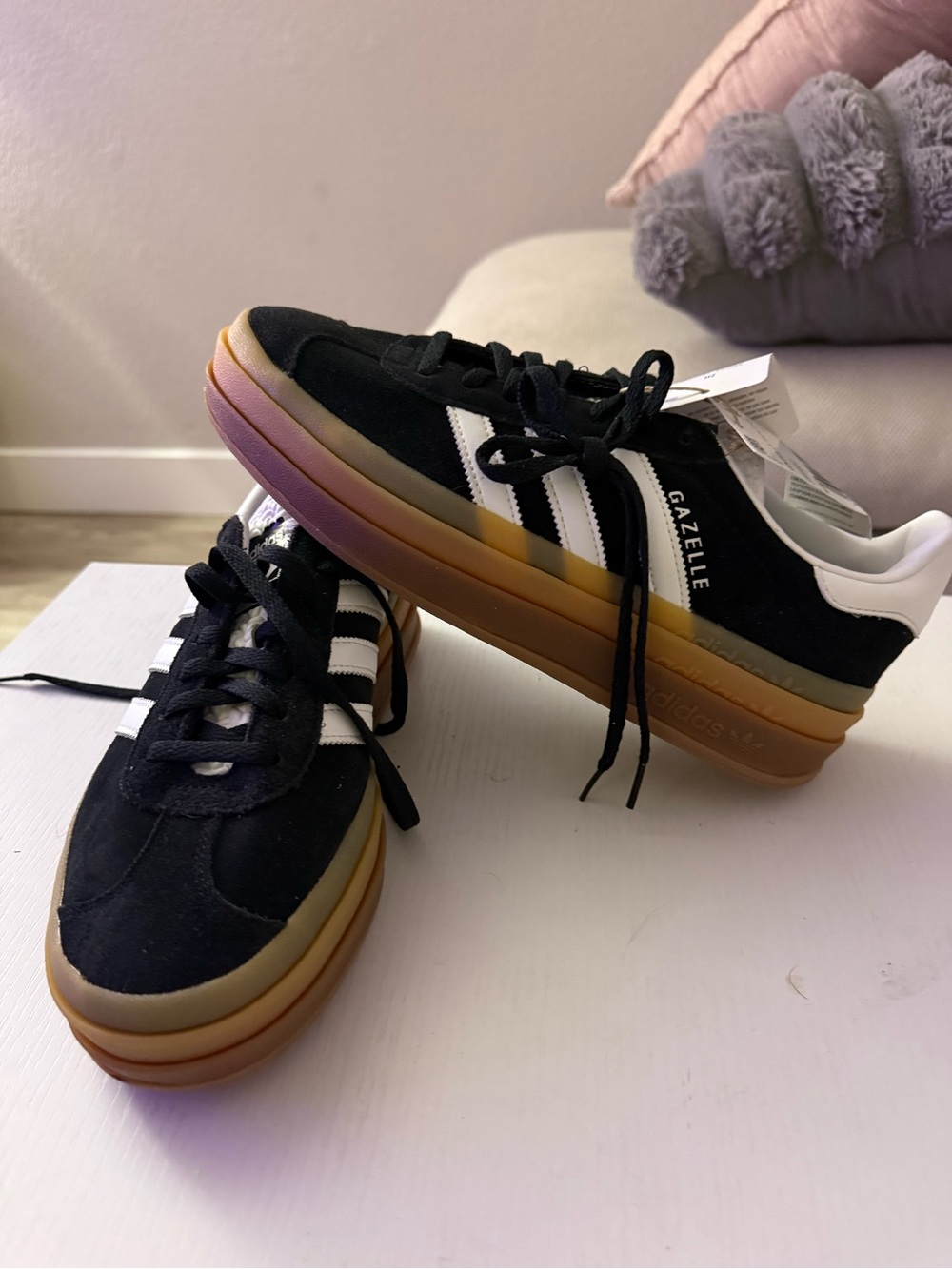 adidas Gazelle Women’s Black Suede Sneakers with White Stripes and Gum Sole